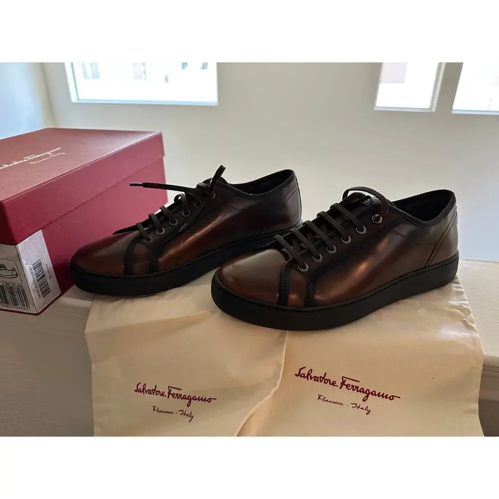 NWT Salvatore Ferragamo Men's Fulton Brown Leather Sneakers
